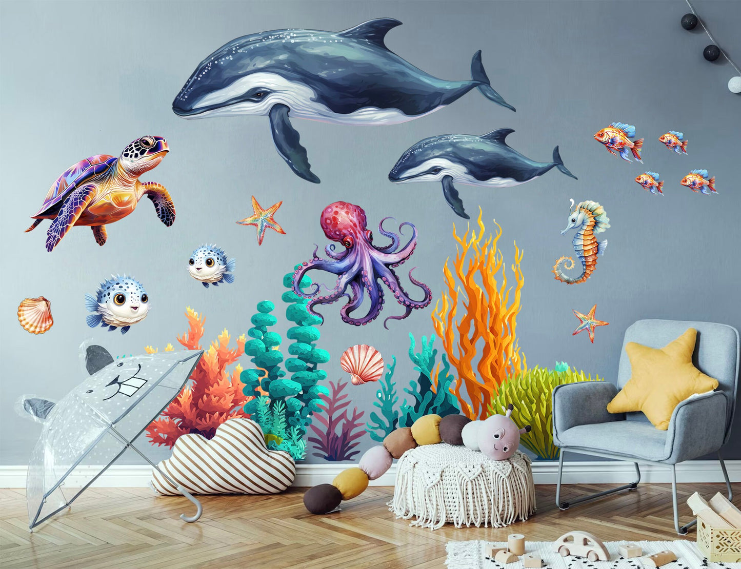Enchanting Ocean Life Cartoon Wall Decal - Whale Ray Turtle Octopus Corals Seaweed - Perfect for Kids Room Decor - BR441