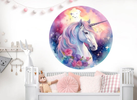 Vibrant Watercolor Unicorn Cartoon Round Wall Decal - Girl Room Decor - BR443