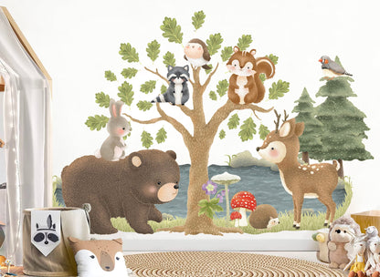 Woodland Friends Lakefront Play Removable Wall Decal - Bear Fawn Squirrel Big Tree River - BR444