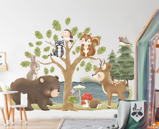 Woodland Friends Lakefront Play Removable Wall Decal - Bear Fawn Squirrel Big Tree River - BR444
