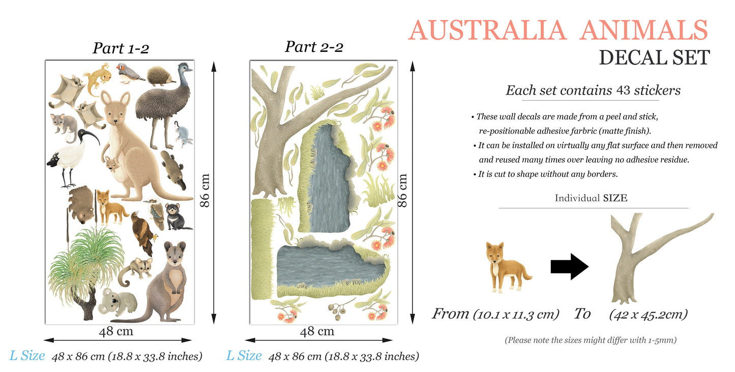 Aussie Baby Animals Kangaroo Koala Eucalyptus Flying Squirrel Removable Nursery Wall Decal - BR446
