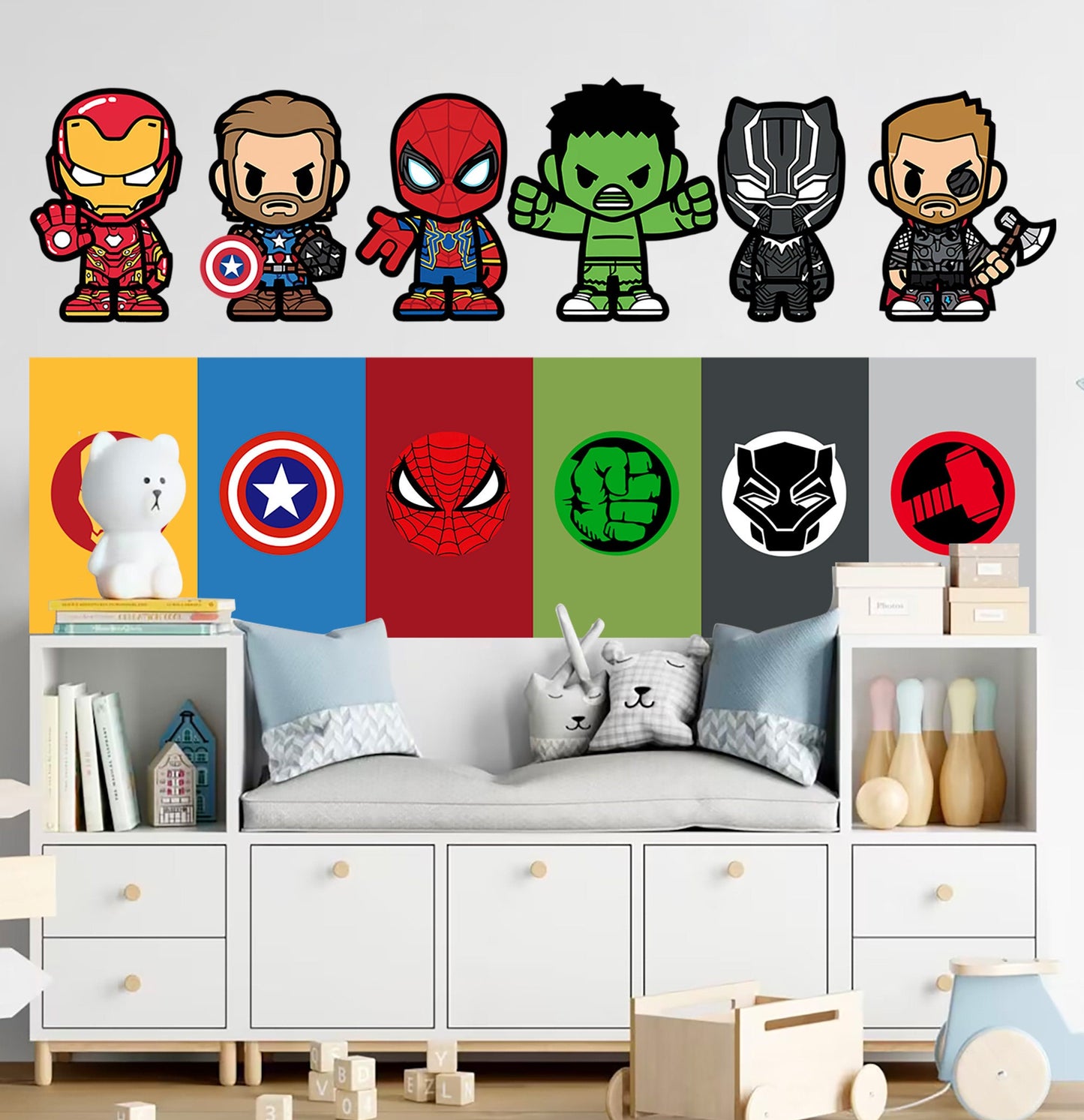 Marvel Superheroes with Logo Flags Wall Decal - Spiderman Iron Man Captain America - Boys Room Decoration - BR455