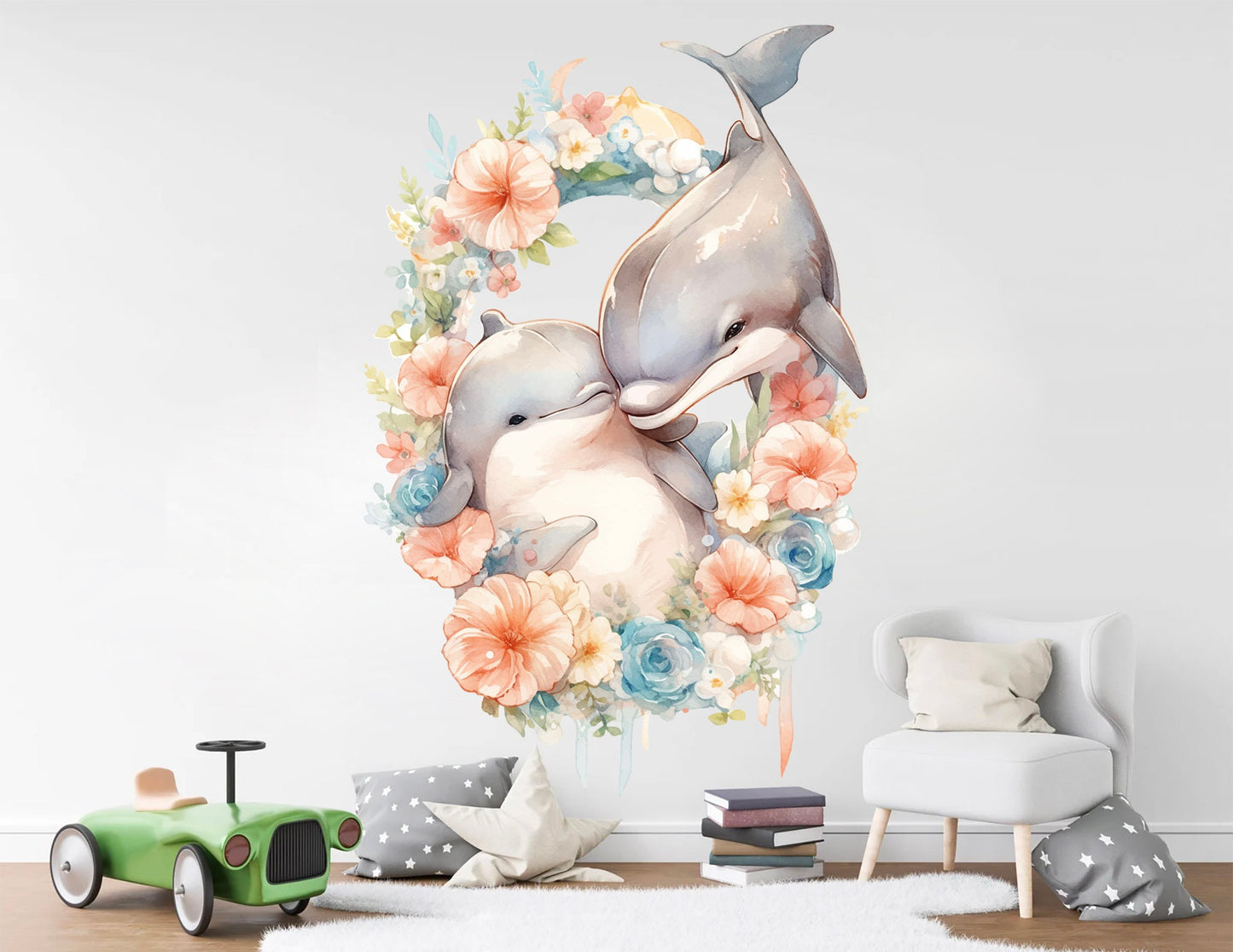 Duo of Dolphins in Floral Wreath Wall Decal - Removable Peel and Stick - BR447