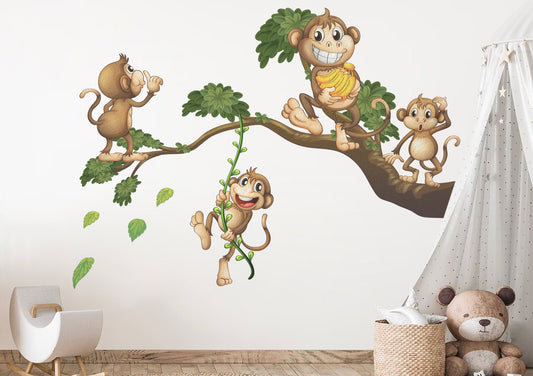 Playful Jungle Monkeys Wall Decal - Cheerful Watercolor Cartoon Decor - BR454