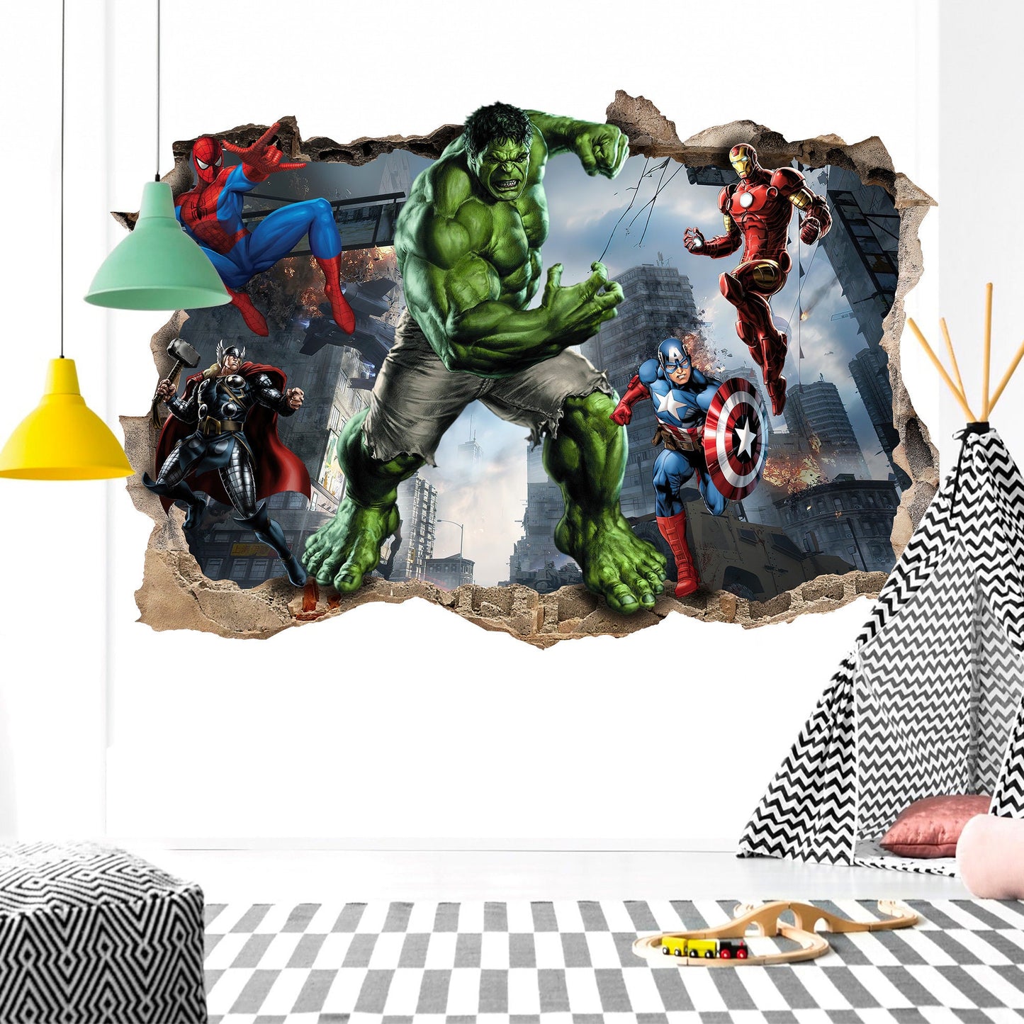 Avengers Superhero Wall Decal Dynamic 3D Wall Stickers - Superhero Team Bursting Through for Kids' Rooms - SP014