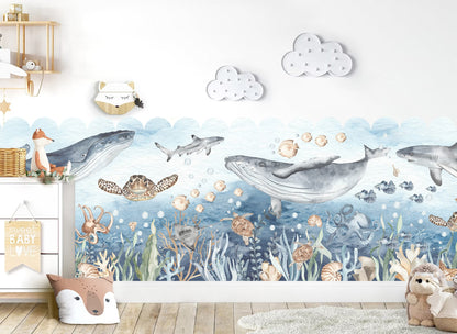 Cartoon Undersea Fabric Wall Mural - Free-Spirited Ocean Creatures: Whales, Turtles, Sharks, Octopuses, Beautiful Watercolor Decor - WM031