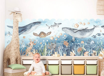 Cartoon Undersea Fabric Wall Mural - Free-Spirited Ocean Creatures: Whales, Turtles, Sharks, Octopuses, Beautiful Watercolor Decor - WM031