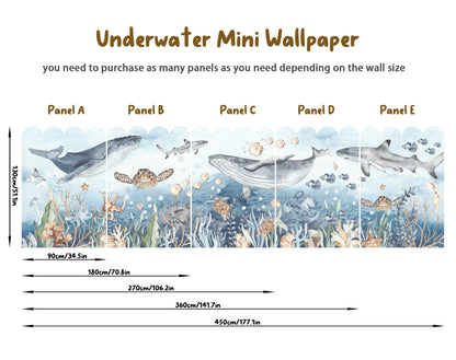 Cartoon Undersea Fabric Wall Mural - Free-Spirited Ocean Creatures: Whales, Turtles, Sharks, Octopuses, Beautiful Watercolor Decor - WM031