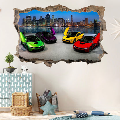 Urban Night Escape - Supercars Burst 3D Broken Wall Decal - Removable Peel and Stick - BW002