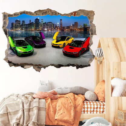 Urban Night Escape - Supercars Burst 3D Broken Wall Decal - Removable Peel and Stick - BW002