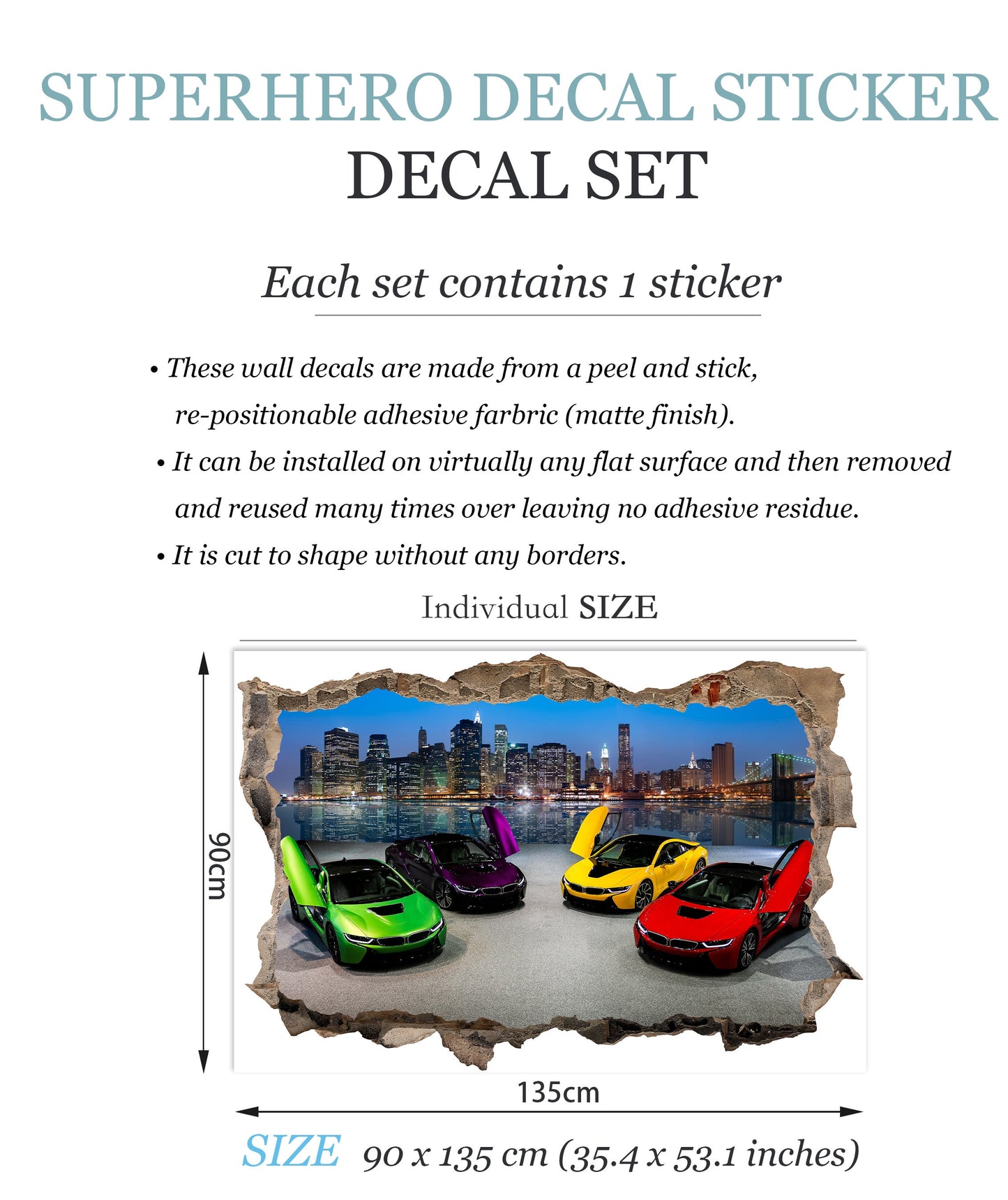 Urban Night Escape - Supercars Burst 3D Broken Wall Decal - Removable Peel and Stick - BW002