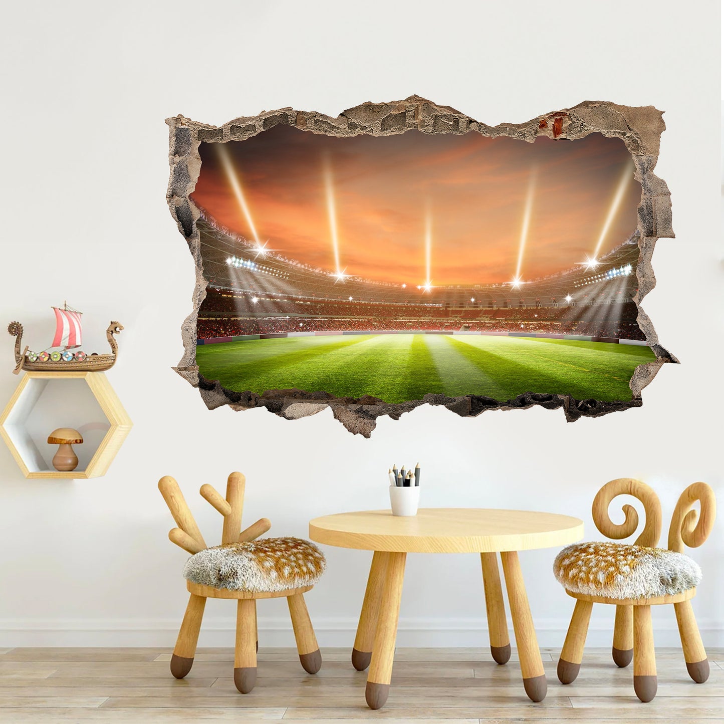 Rugby Stadium Behine 3D Broken Wall Decal - Removable Peel and Stick -BW005