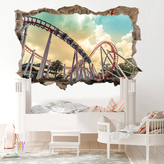 Thrilling Coaster Escape 3D Broken Wall Decal - Removable Peel and Stick - BW006