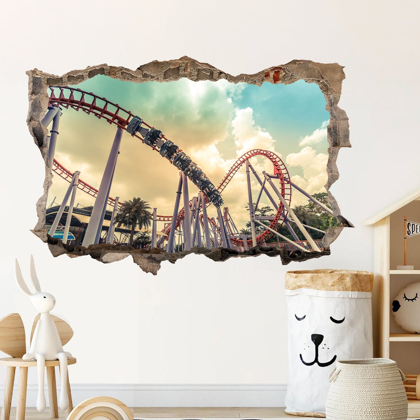 Thrilling Coaster Escape 3D Broken Wall Decal - Removable Peel and Stick - BW006