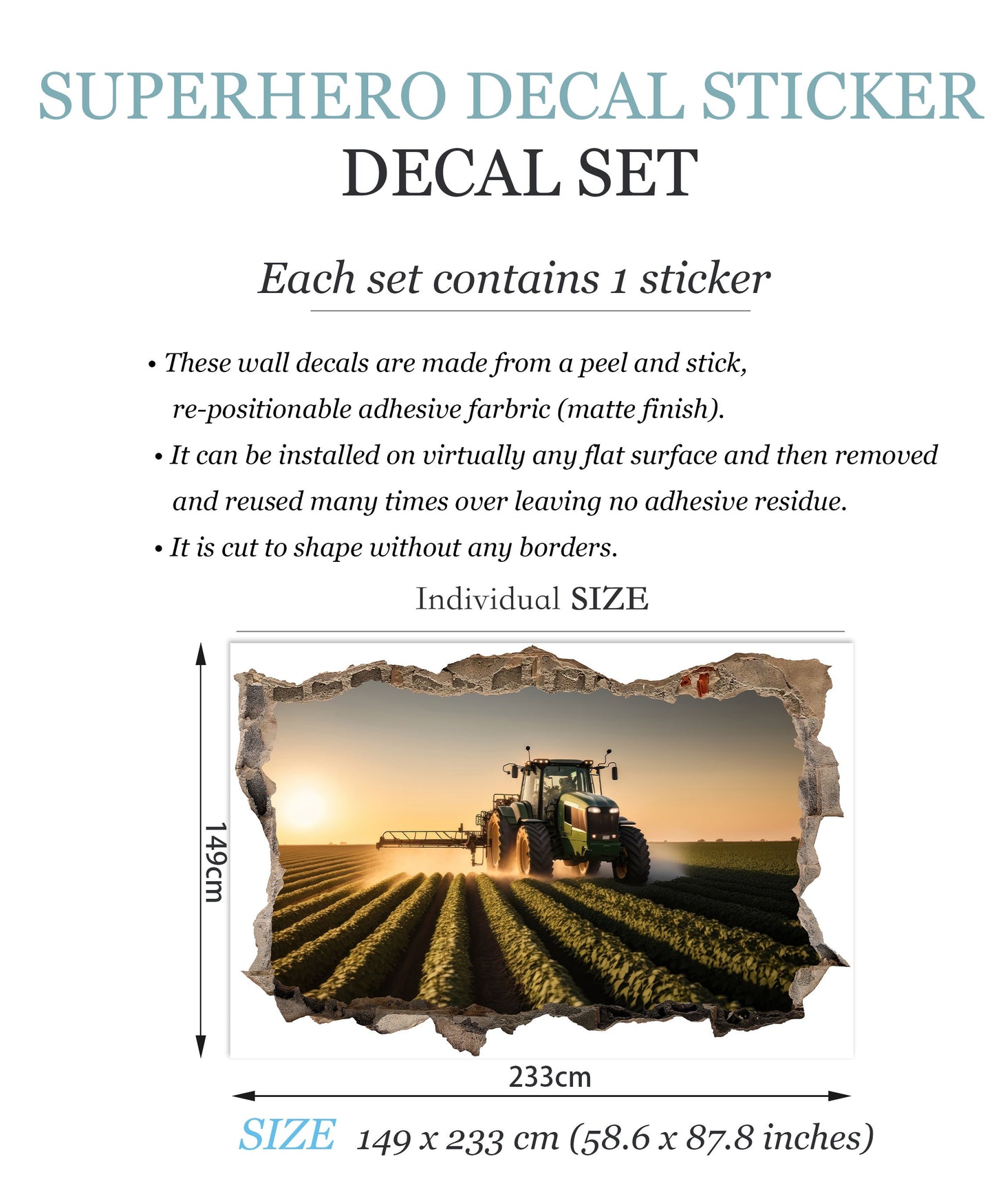 Working Harvester on a Sunset Farm 3D Broken Wall Decal - Removable Peel and Stick - BW007