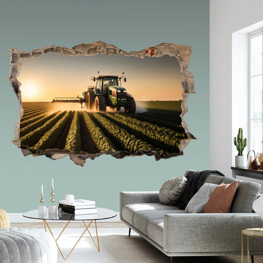 Working Harvester on a Sunset Farm 3D Broken Wall Decal - Removable Peel and Stick - BW007