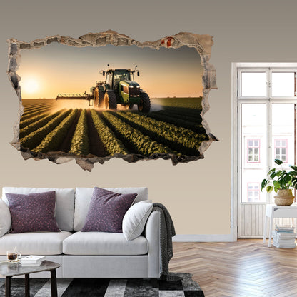 Working Harvester on a Sunset Farm 3D Broken Wall Decal - Removable Peel and Stick - BW007