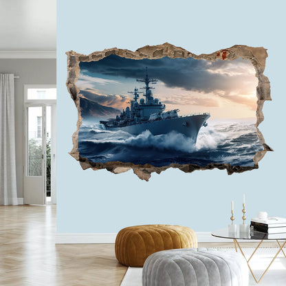 Sailing Beyond Broken Wall: Cruise Ship Seascape 3D Wall Decal - BW011