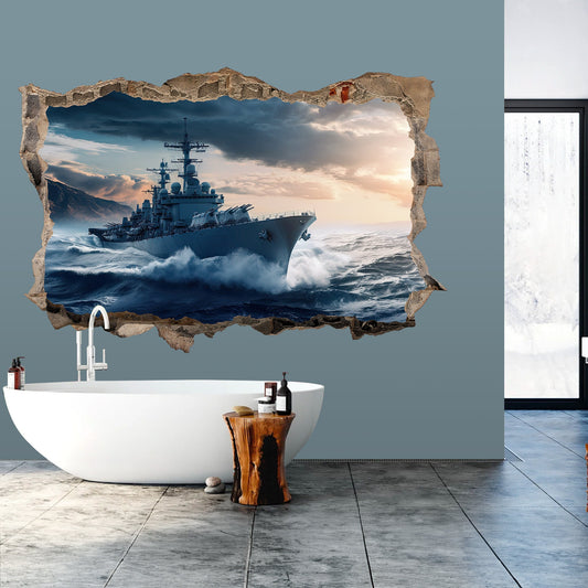 Sailing Beyond Broken Wall: Cruise Ship Seascape 3D Wall Decal - BW011