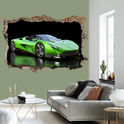 Cool Green Supercar 3D Wall Decal - Smashed Wall Effect - BW014