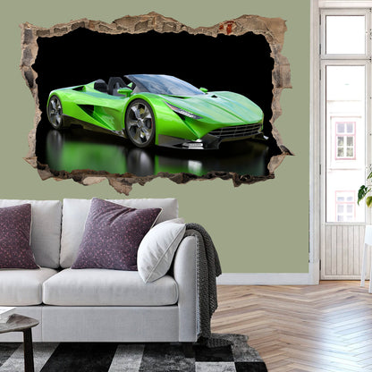 Cool Green Supercar 3D Wall Decal - Smashed Wall Effect - BW014