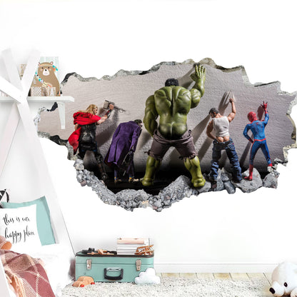 Humorous Avengers Superhero 3D Wall Decal Behind Broken Wall - SP022