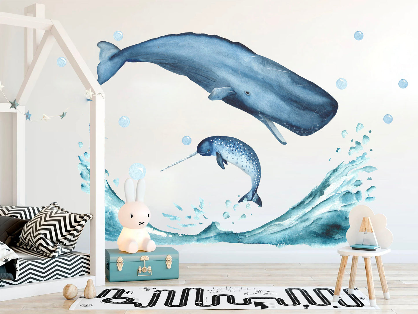 Breaching Whales Sperm Whale and Narwhal Wall Decal - BR075