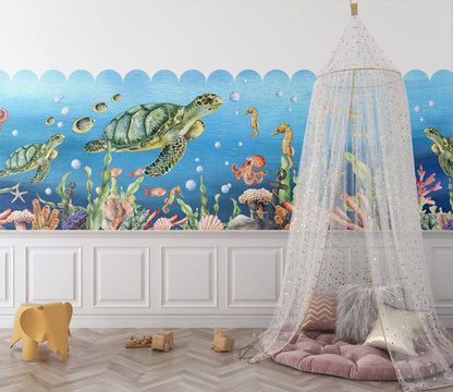 Cartoon Underwater Fabric Wall Mural - Adorable Sea Creatures, Turtles, Octopuses, Seahorses Swimming in Beautiful Watercolor - WM033