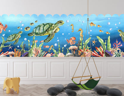 Cartoon Underwater Fabric Wall Mural - Adorable Sea Creatures, Turtles, Octopuses, Seahorses Swimming in Beautiful Watercolor - WM033