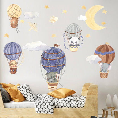 Adorable Animal Babies Flying on Moonlit Hot Air Balloon Removable Wall Decal - Koala Elephant Panda Sloth - BR117