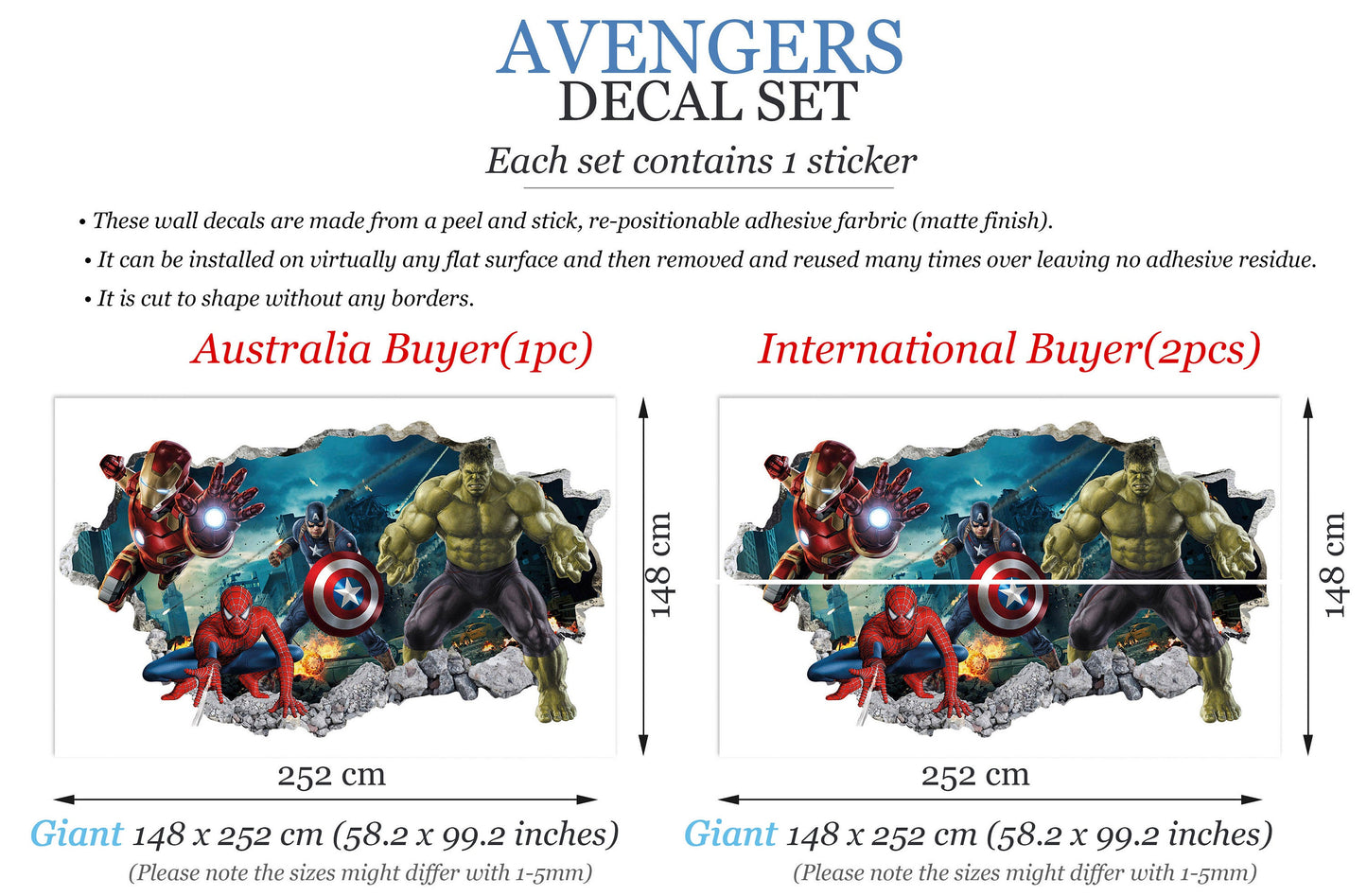 Avengers Hulk Spiderman Iron Man Captain America Superheroes coming out 3D Smashed Wall Decal - BR157