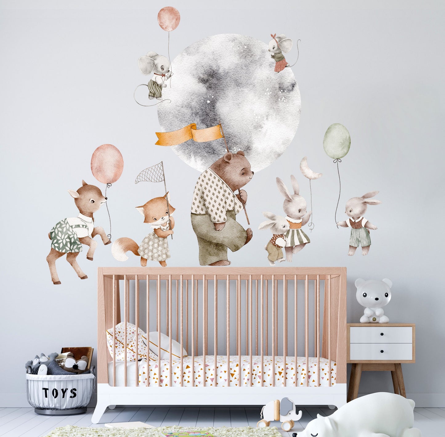 Adorable Animal Babies Strolling Under Full Moon with Balloons and Flags Removable Wall Decal - BR230