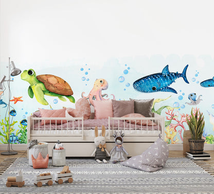 Underwater Creatures Fabric Wall Mural - Adorable Sea Life in Watercolor - WM032