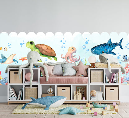 Underwater Creatures Fabric Wall Mural - Adorable Sea Life in Watercolor - WM032