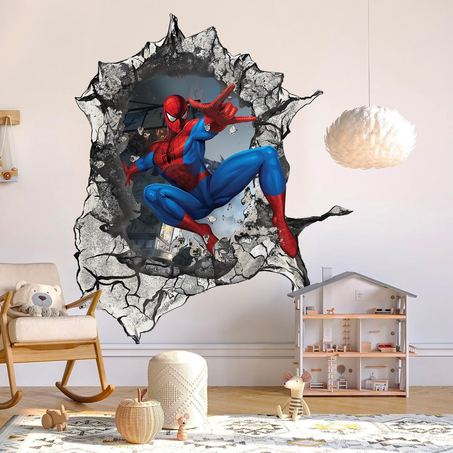 Dynamic 3D Spider-Man Wall Decal - Web-Slinging Battle Scene Breaks Through Wall - SP009