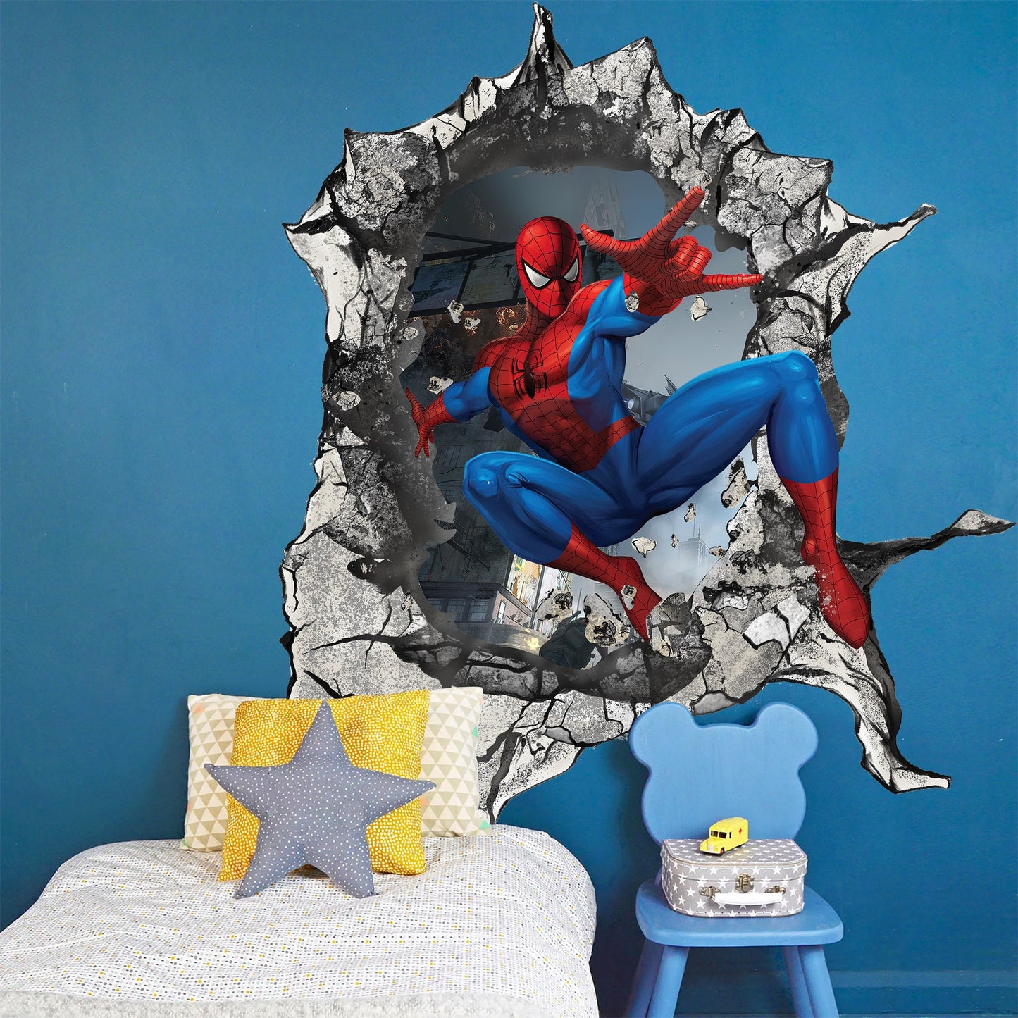 Dynamic 3D Spider-Man Wall Decal - Web-Slinging Battle Scene Breaks Through Wall - SP009