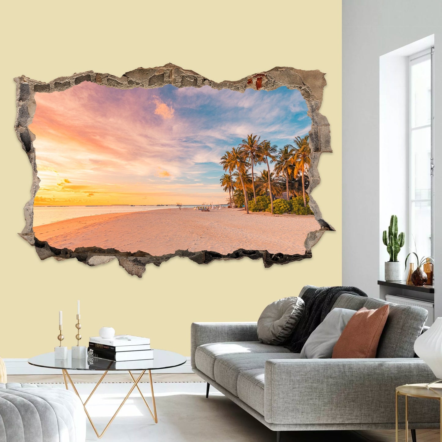 3D Ocean Sunset Wall Decal - Stunning Beach View Through Realistic Cracked Wall, Tropical Palm Trees, and Azure Seascape - BW015