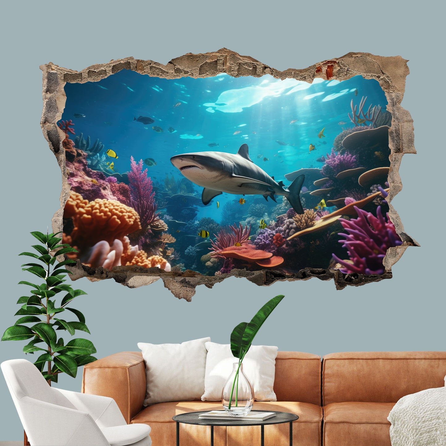 3D Underwater World Wall Decal - Sharks, Colorful Coral Reef, Marine Life, Room Decor - BW016