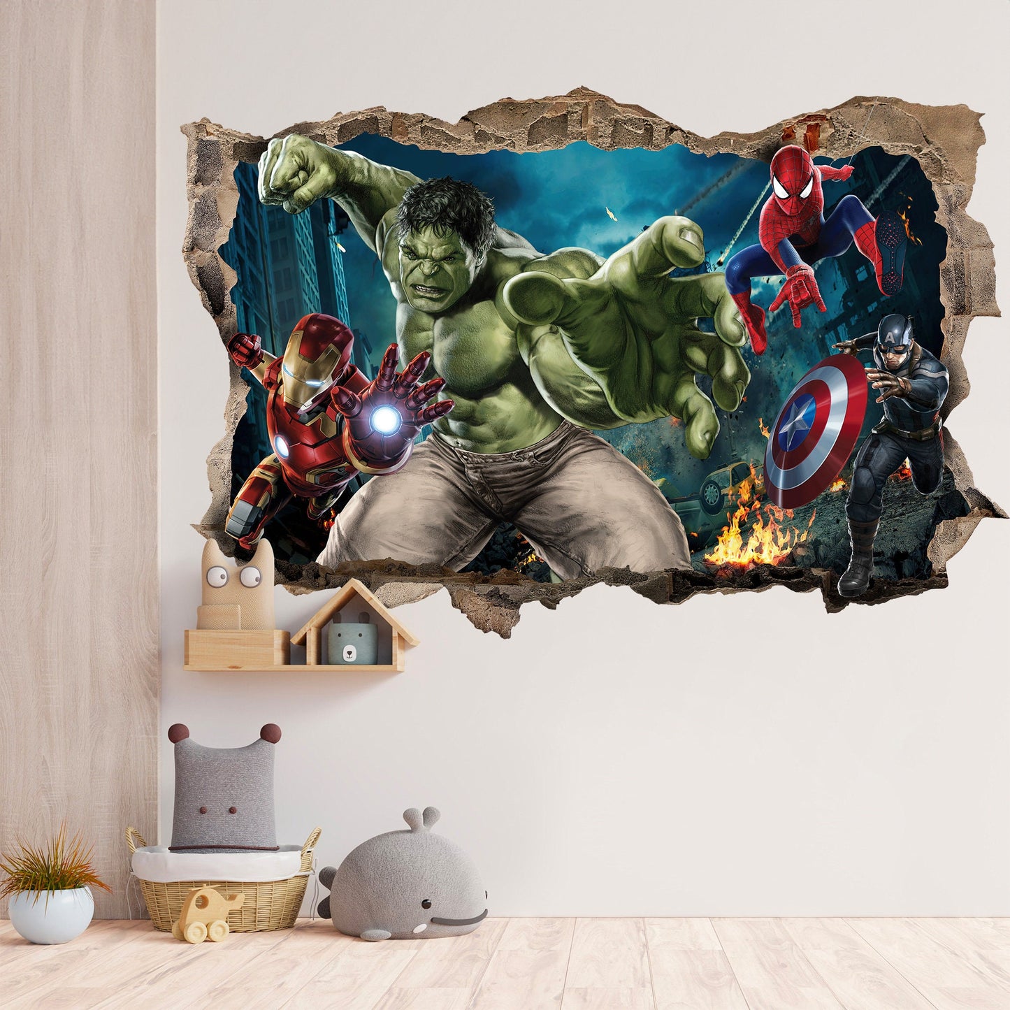 Avengers Superhero 3D Wall Decal - Avengers Superheroes Battling Breaking Through Walls! - SP018