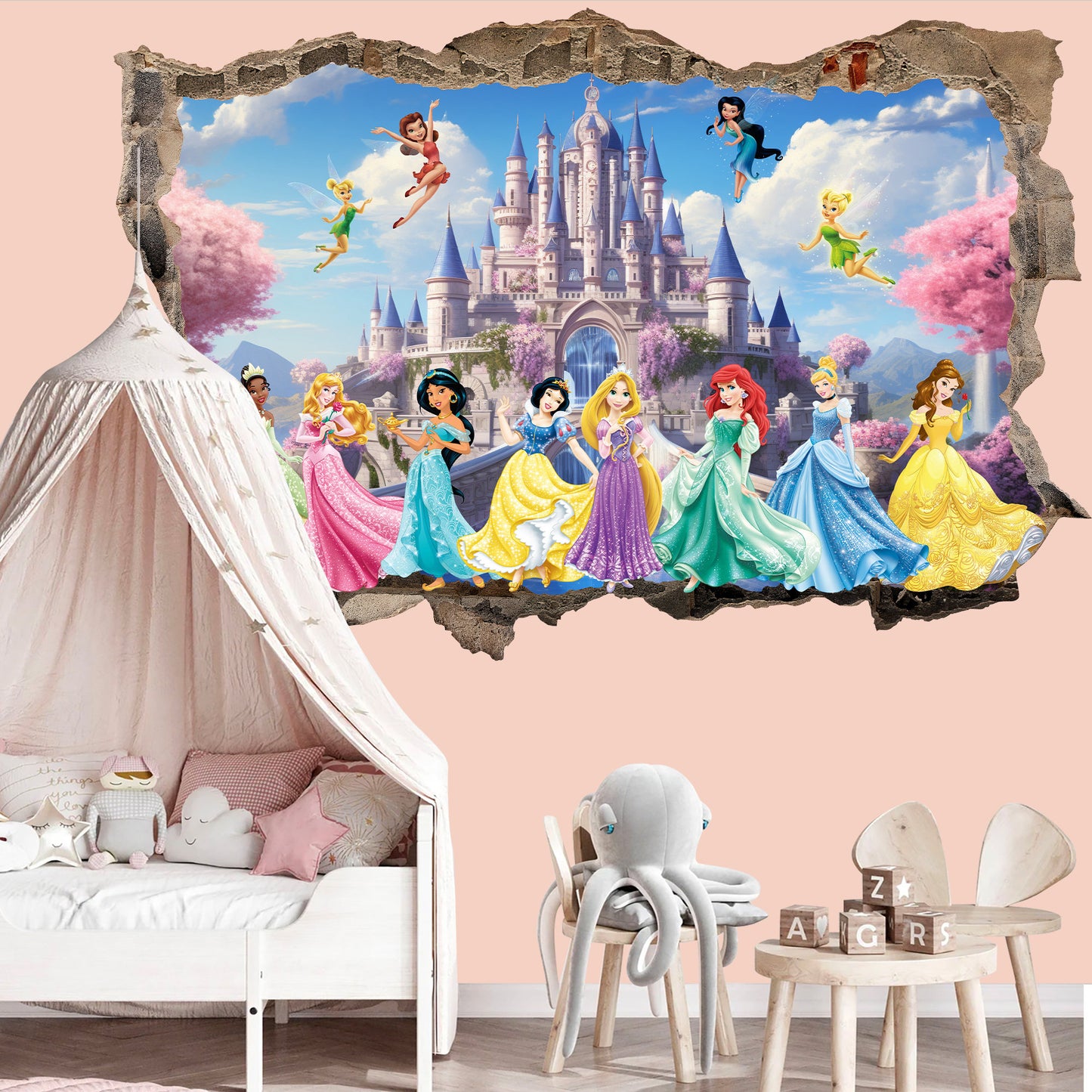 3D Princess Castle Wall Decal - Seven Beautiful Princesses, Four Fairy Florals, Room Decor - BW018