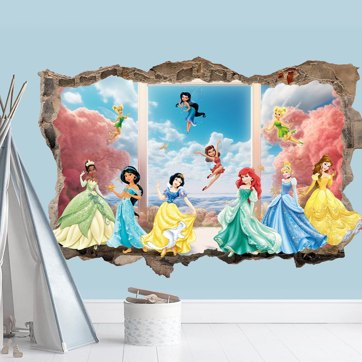 3D Princess Castle Wall Decal - Six Beautiful Princesses, Four Playful Fairy Florals, Room Decor - BW020