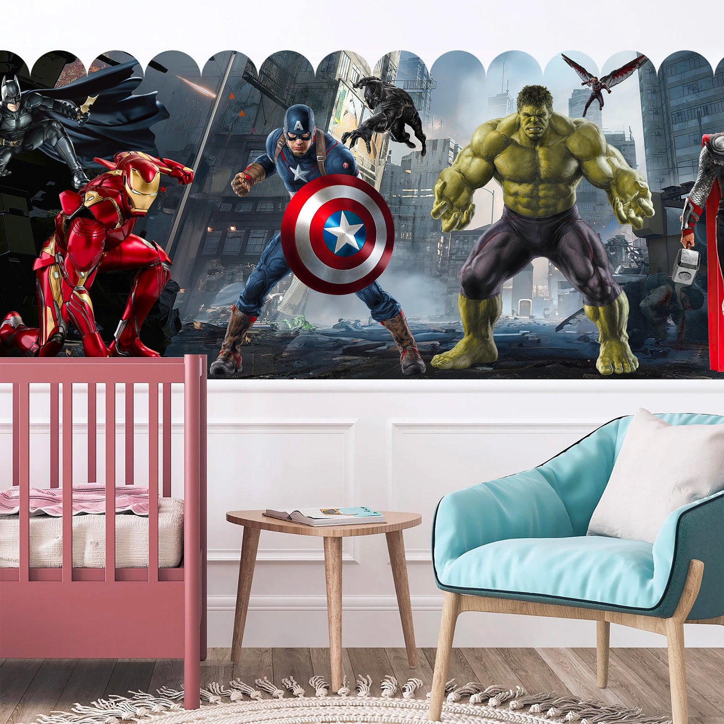 Superhero Alliance Fabric Wall Mural - City Battleground with Iron Man Captain America Batman Hulk Spider-Man - BR459