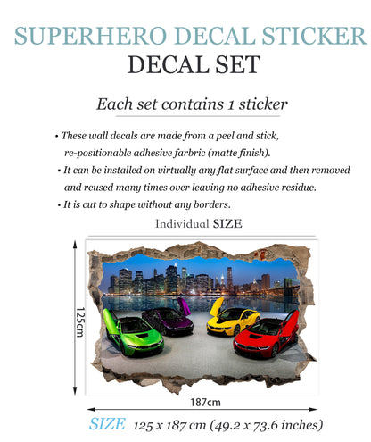 Urban Night Escape - Supercars Burst 3D Broken Wall Decal - Removable Peel and Stick - BW002