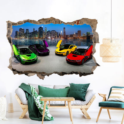 Urban Night Escape - Supercars Burst 3D Broken Wall Decal - Removable Peel and Stick - BW002