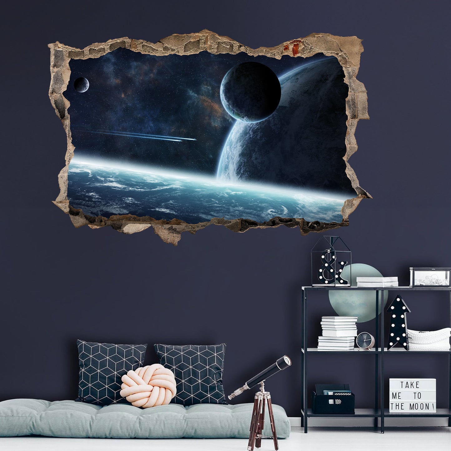 Blue Cosmos Planet Earth Space 3D Broken Wall Decal - Removable Peel and Stick - BW004