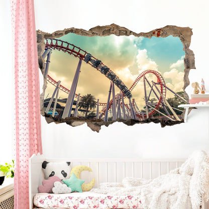 Thrilling Coaster Escape 3D Broken Wall Decal - Removable Peel and Stick - BW006