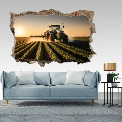 Working Harvester on a Sunset Farm 3D Broken Wall Decal - Removable Peel and Stick - BW007