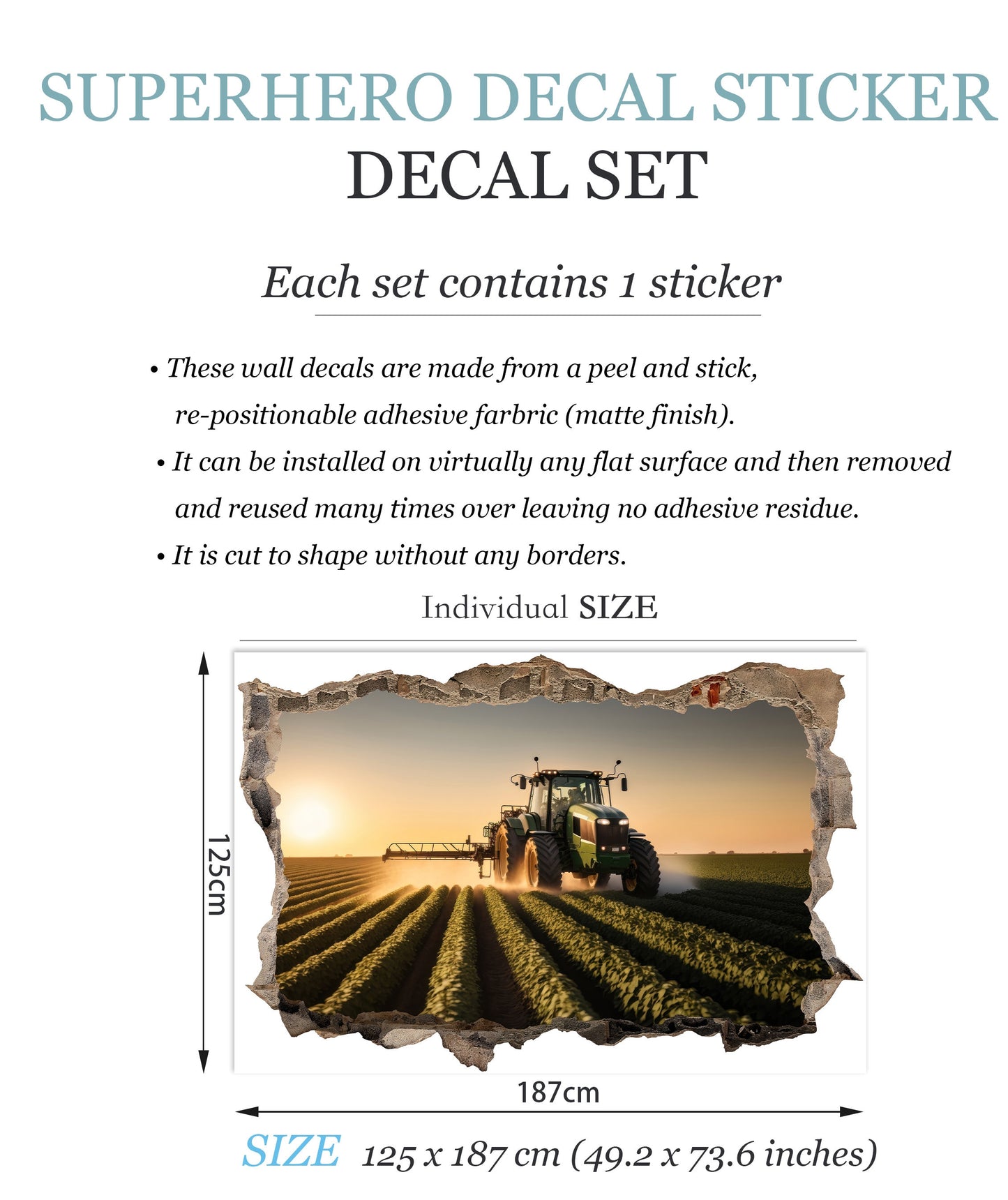 Working Harvester on a Sunset Farm 3D Broken Wall Decal - Removable Peel and Stick - BW007