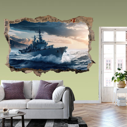 Sailing Beyond Broken Wall: Cruise Ship Seascape 3D Wall Decal - BW011