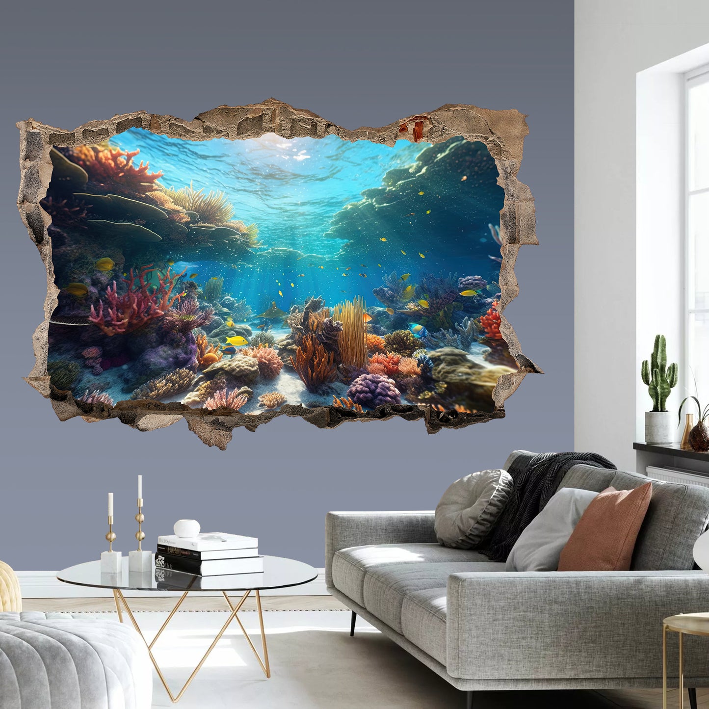 Undersea Wonderland 3D Wall Decal - Colorful Ocean World Behind Broken Wall - BW013